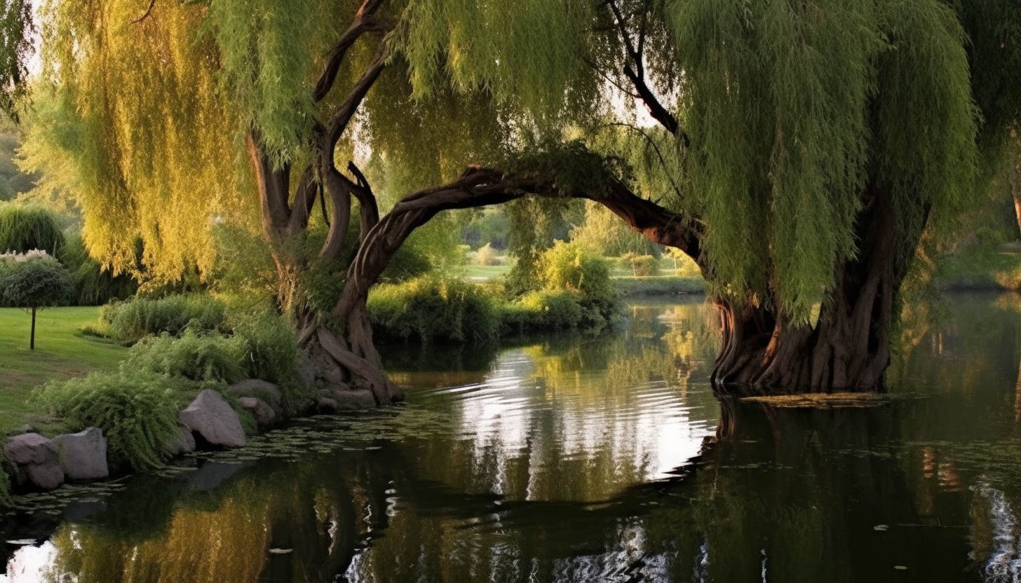 A tranquil pond reflecting a beautiful, old weeping willow.