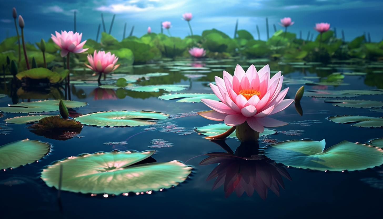 Lotus flowers blooming in a tranquil pond.