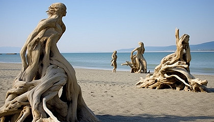 Driftwood sculptures naturally formed on a sandy beach.