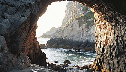 A view through a natural archway carved into a rocky cliff.