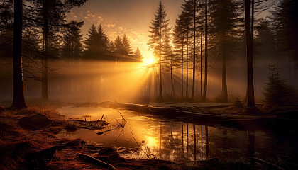 Rays of the setting sun piercing through a misty forest.