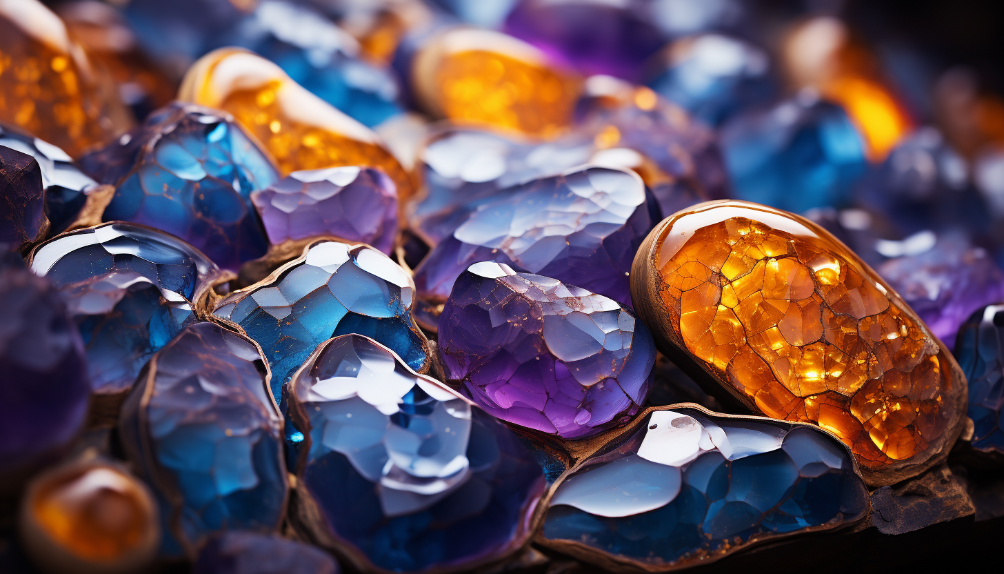 A close-up shot of the vibrant, complex surface of a gemstone or mineral.