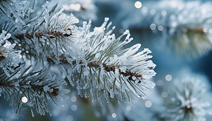 Snowflakes resting on a pine tree, transforming the landscape into a winter wonderland.