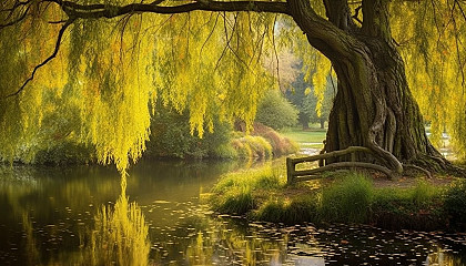 A tranquil pond reflecting a beautiful, old weeping willow.
