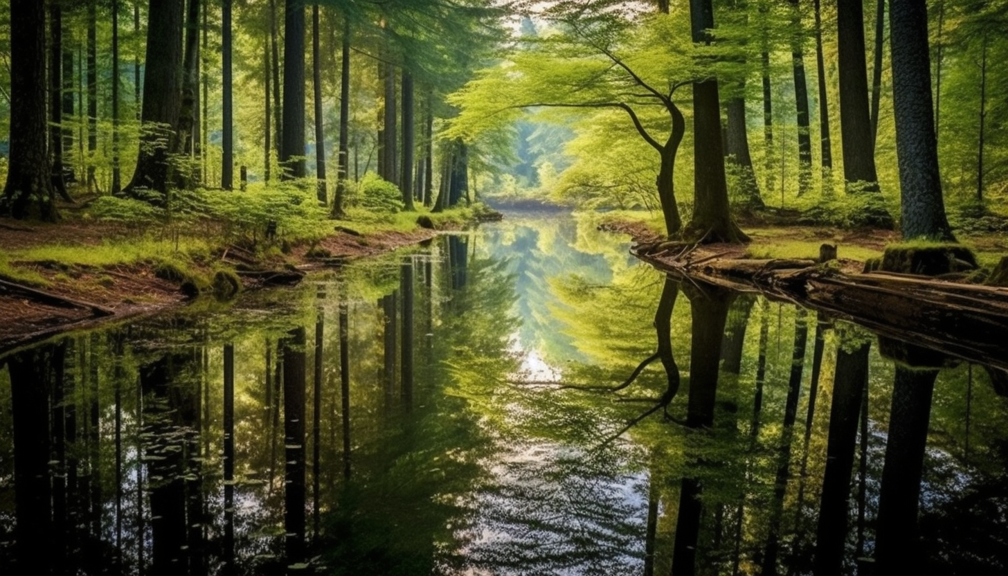 A quiet pond reflecting a perfect mirror image of the surrounding forest.