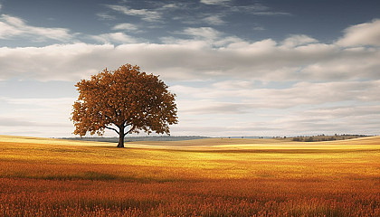 A solitary tree changing colors in the midst of an open field.