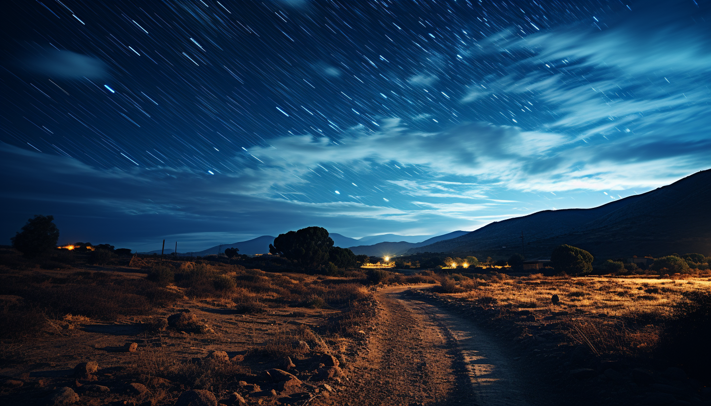 A meteor shower streaking across the night sky, leaving trails of light.