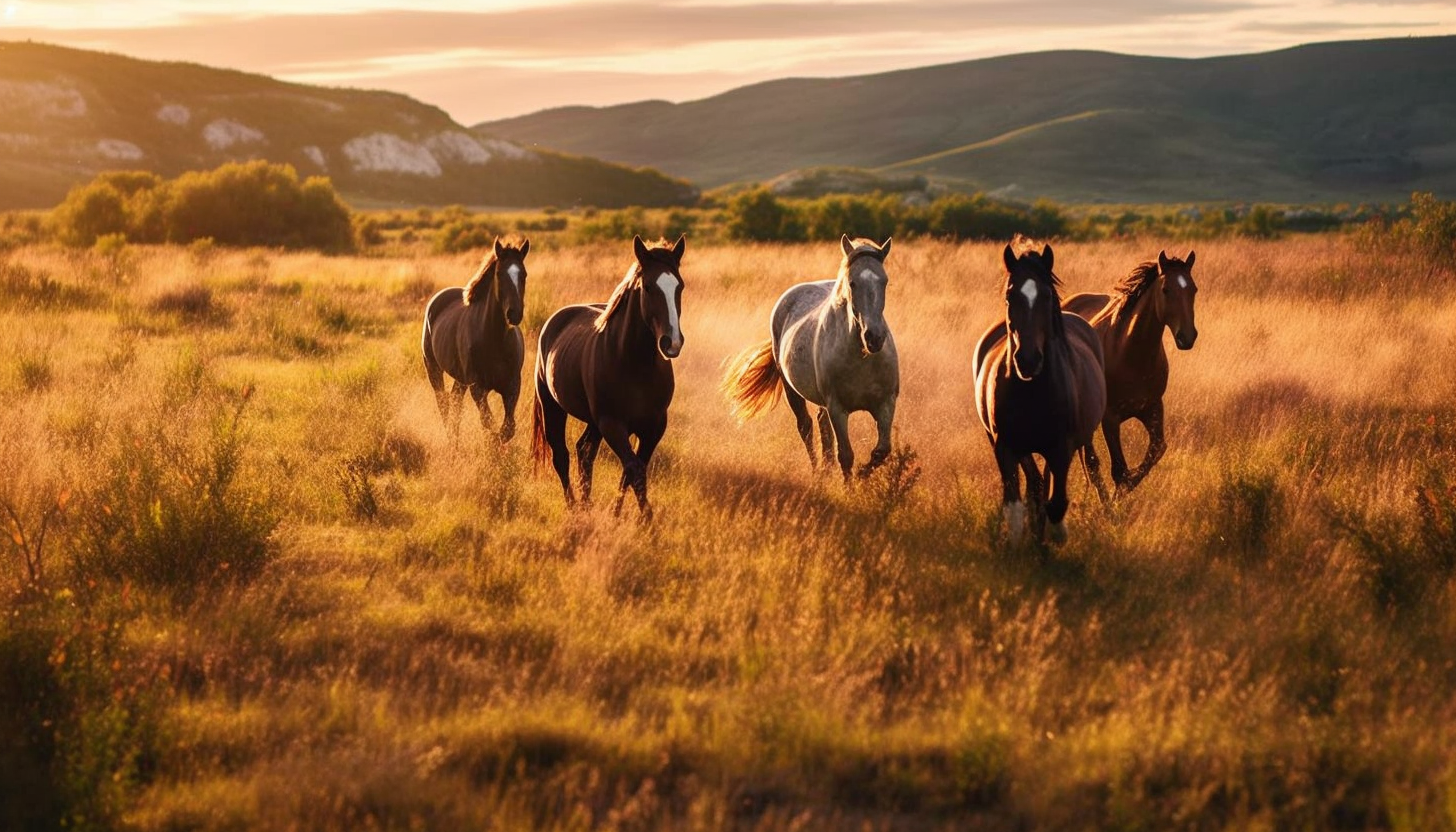 Wild horses roaming freely across open grasslands.