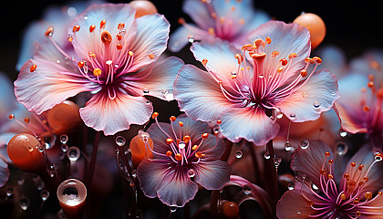 Macro of flower stamens and petals revealing stunning textures and colors.