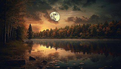 A full moon casting its glow over a serene lake.