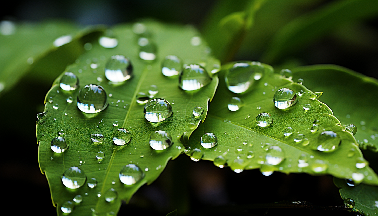 A close-up of dew drops refracting sunlight on a leaf.