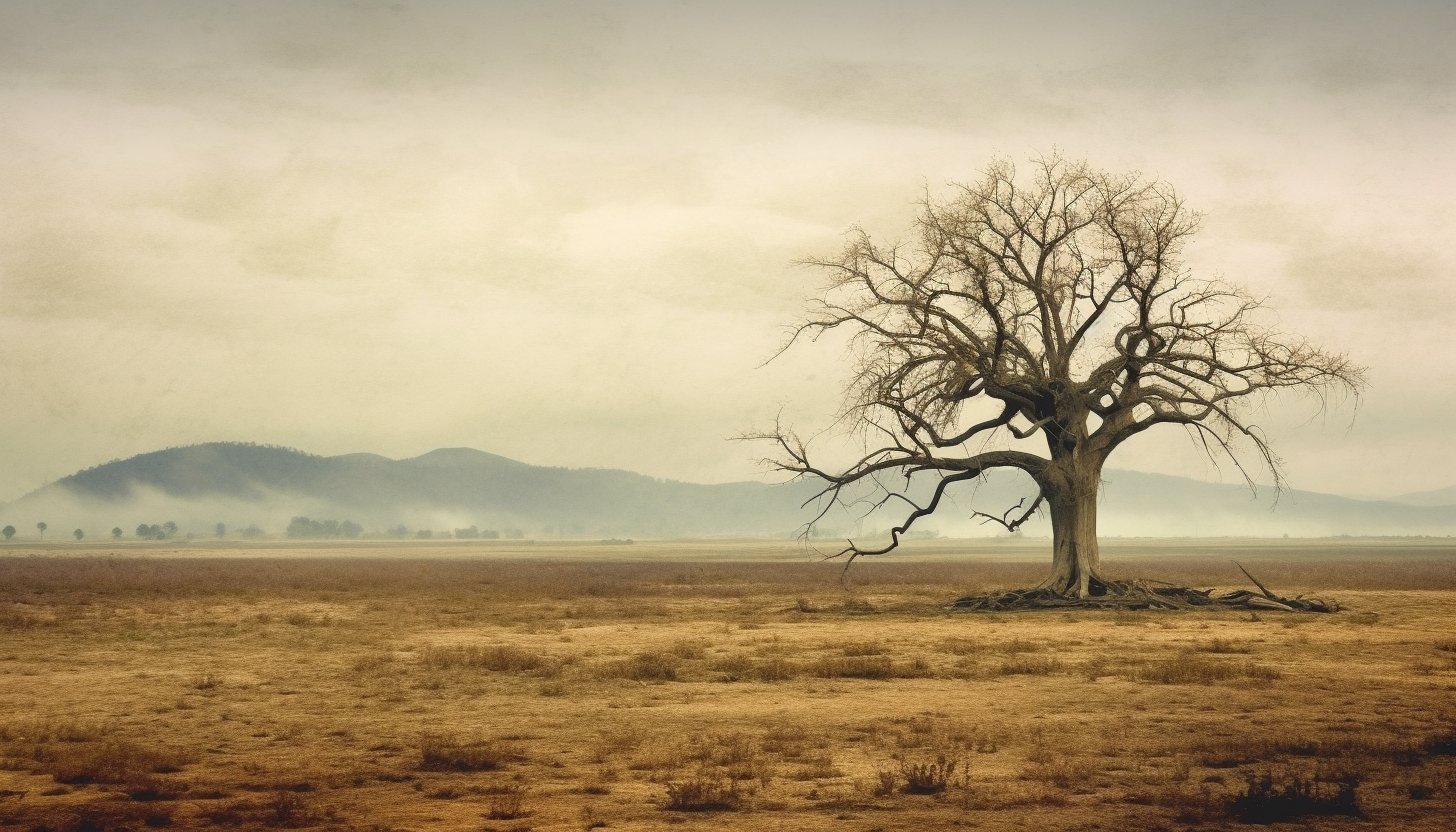 An old, gnarled tree standing alone in a vast field.