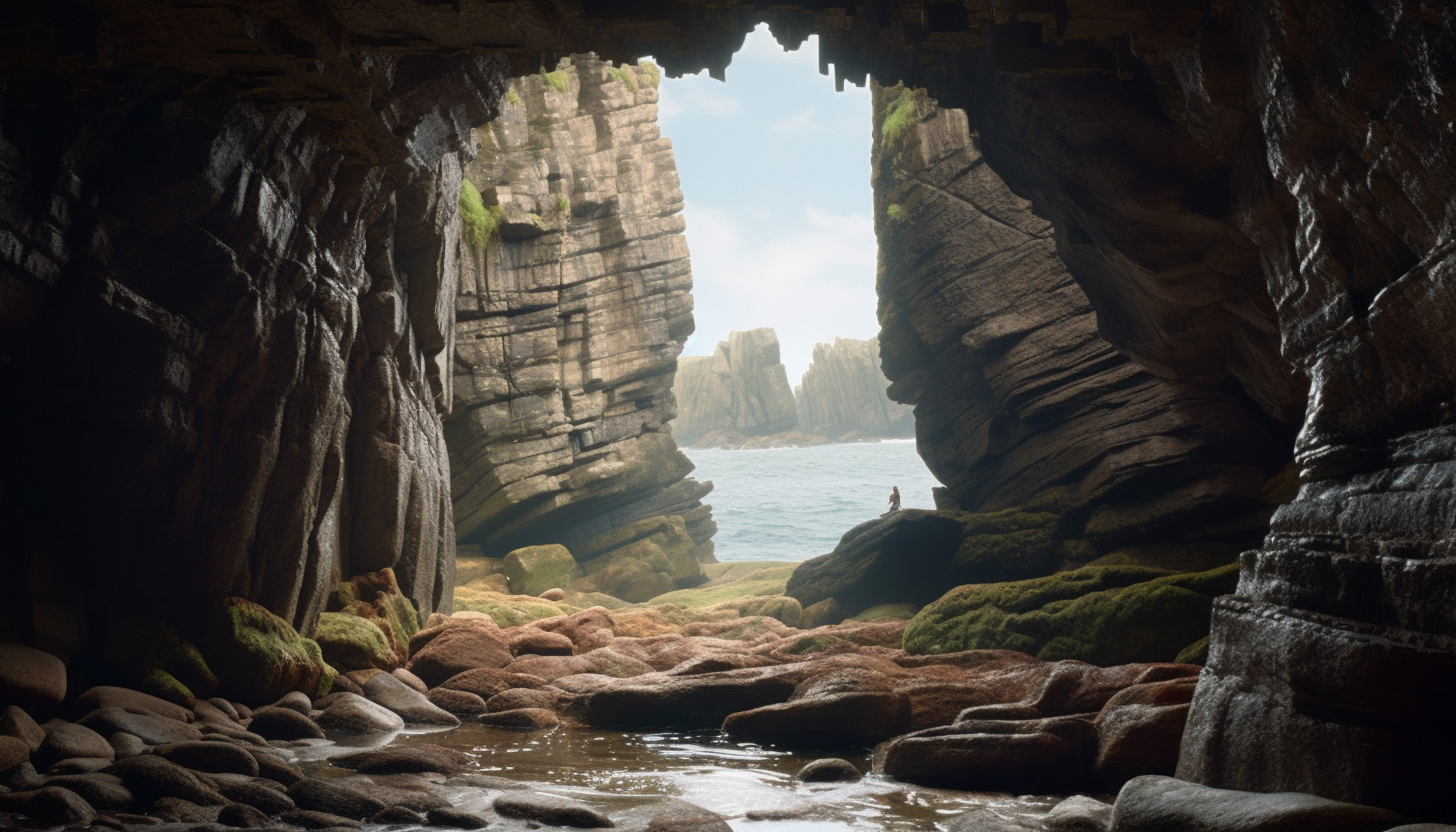 A view through a naturally-formed archway in a rock face.