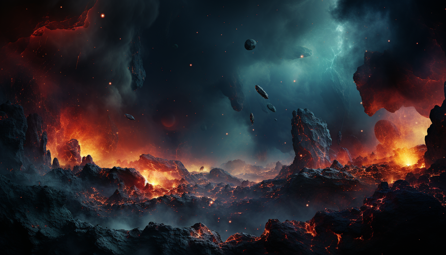 An asteroid field set against a backdrop of vibrant nebulae.