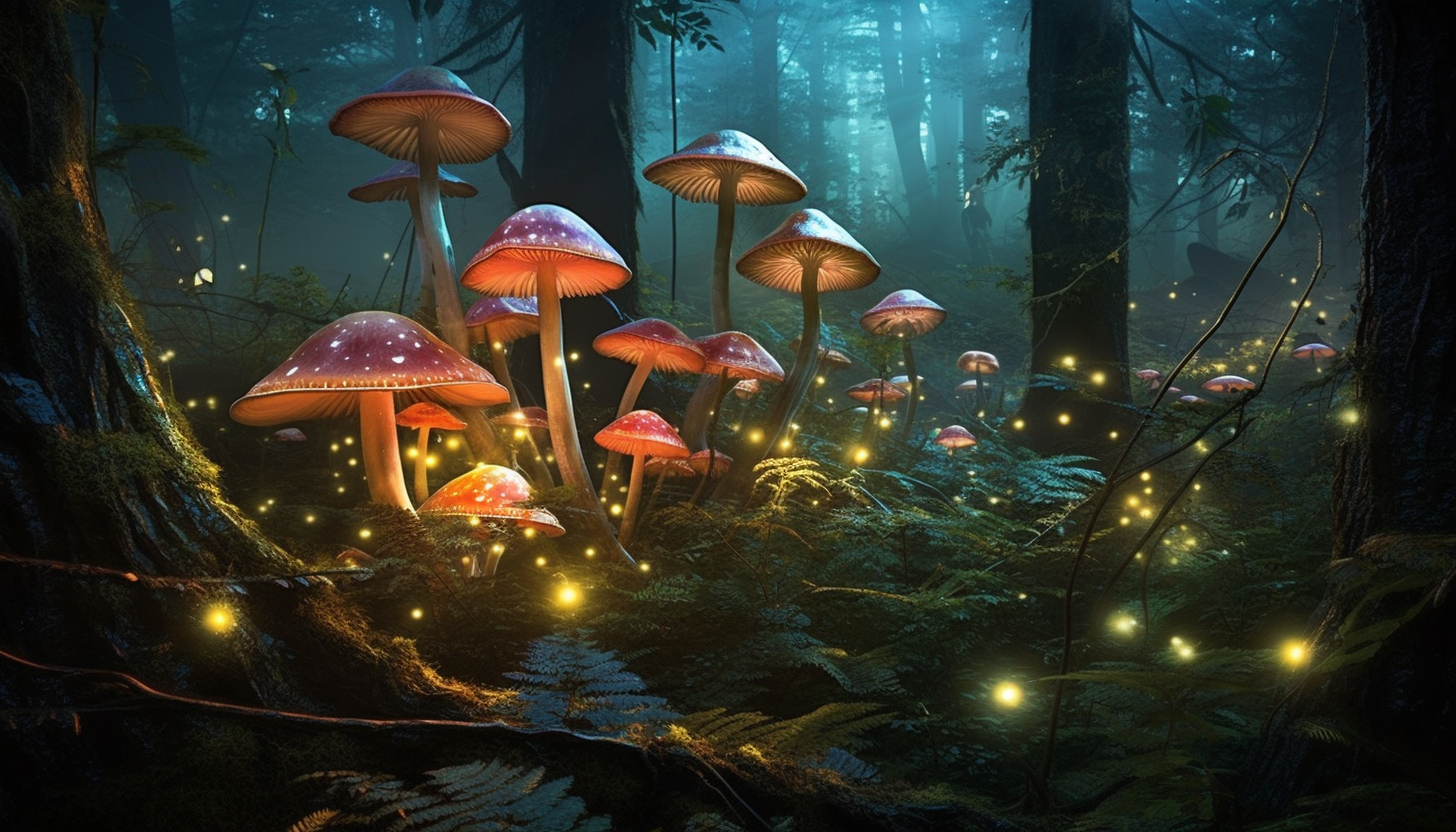 Mushrooms glowing in the dark depths of a primeval forest.