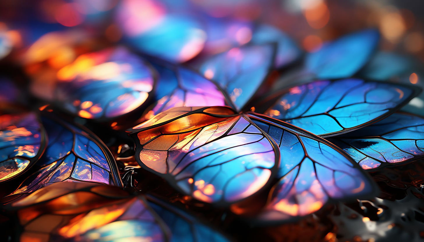 Macro view of iridescent butterfly wings showing intricate patterns.