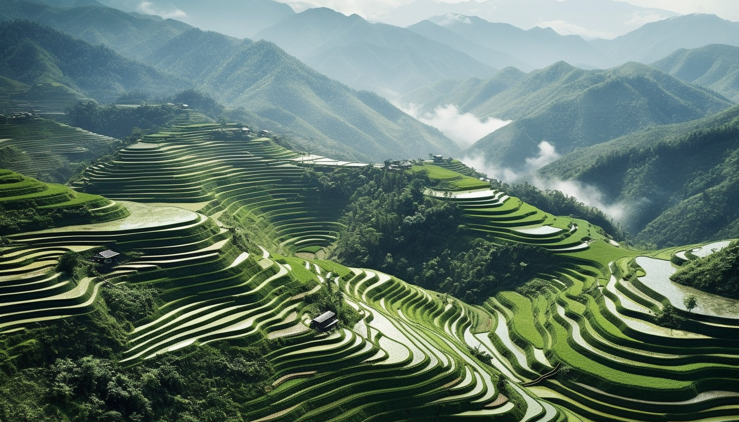 A series of terraced rice fields sculpting a hilly landscape.