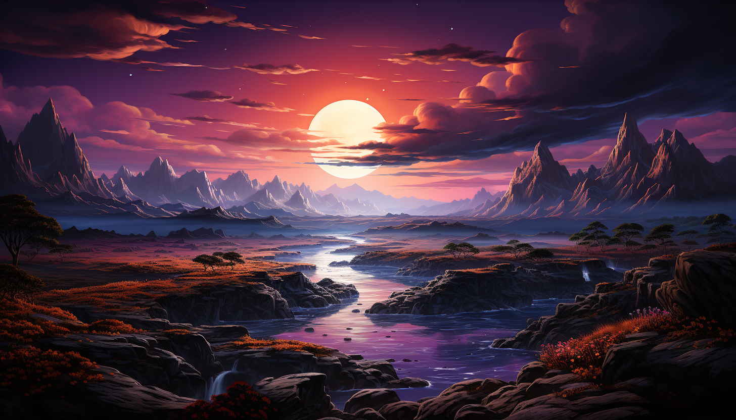 The surface of a distant, alien planet with brightly colored landforms and skies.