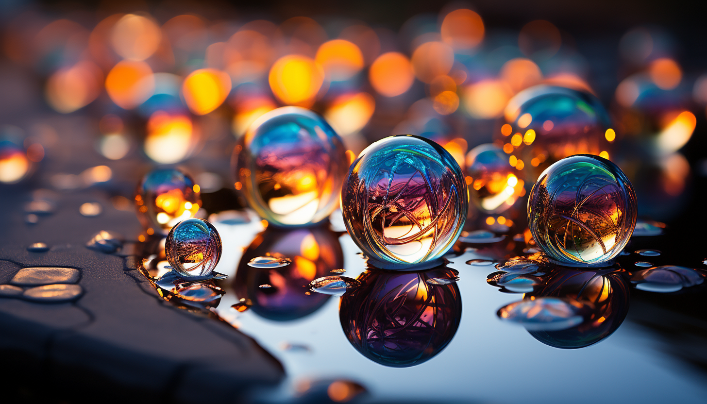 A close-up of iridescent bubbles reflecting the world around them.