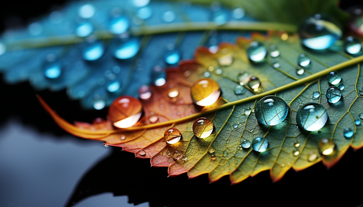 Extreme close-up of dew drops on a vibrant leaf, revealing the intricate vein patterns.