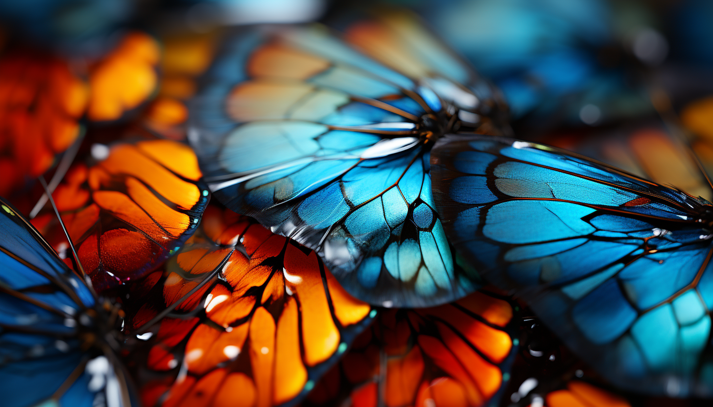 A close-up view of a butterfly wing, showcasing its intricate patterns and colors.