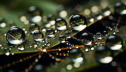 Macro view of dew drops on a spider's web.