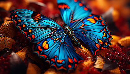 Macro shot of a butterfly's wings revealing intricate patterns and vivid colors.