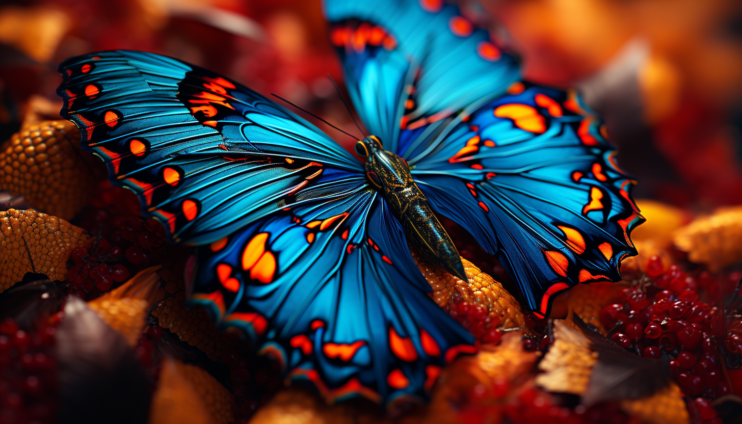 Macro shot of a butterfly's wings revealing intricate patterns and vivid colors.