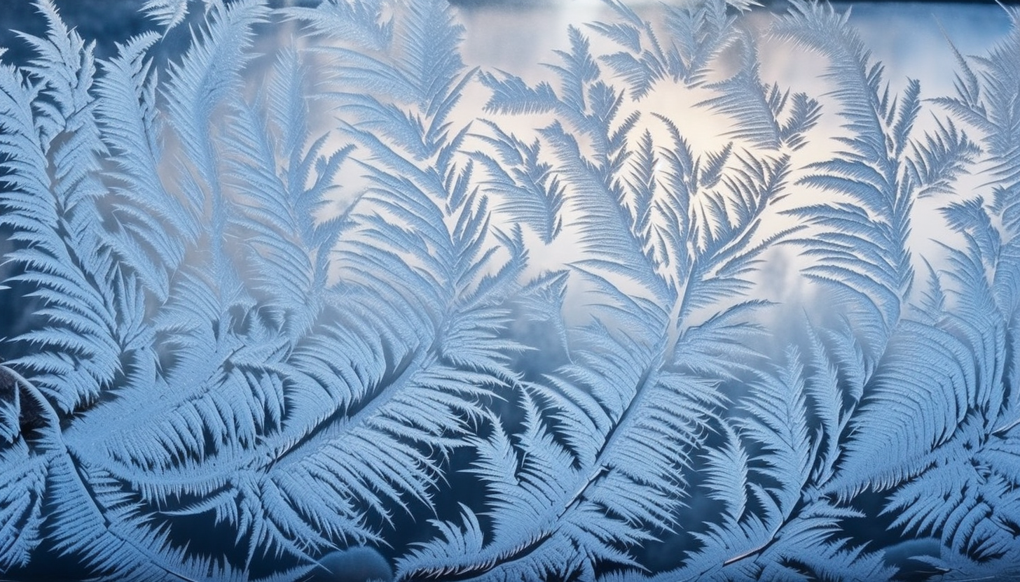 Intricate frost patterns on a window during a cold winter morning.