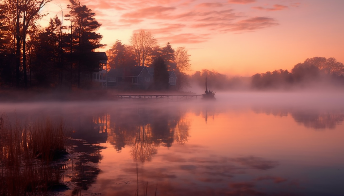 A thick blanket of fog hovering over a lake at dawn.