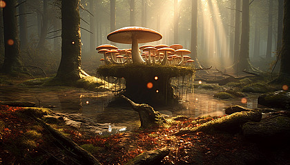 Mushrooms growing in a fairy-like ring in a woodland.