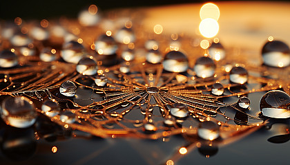 Macro view of dew drops on a spider's web, reflecting the morning sun.