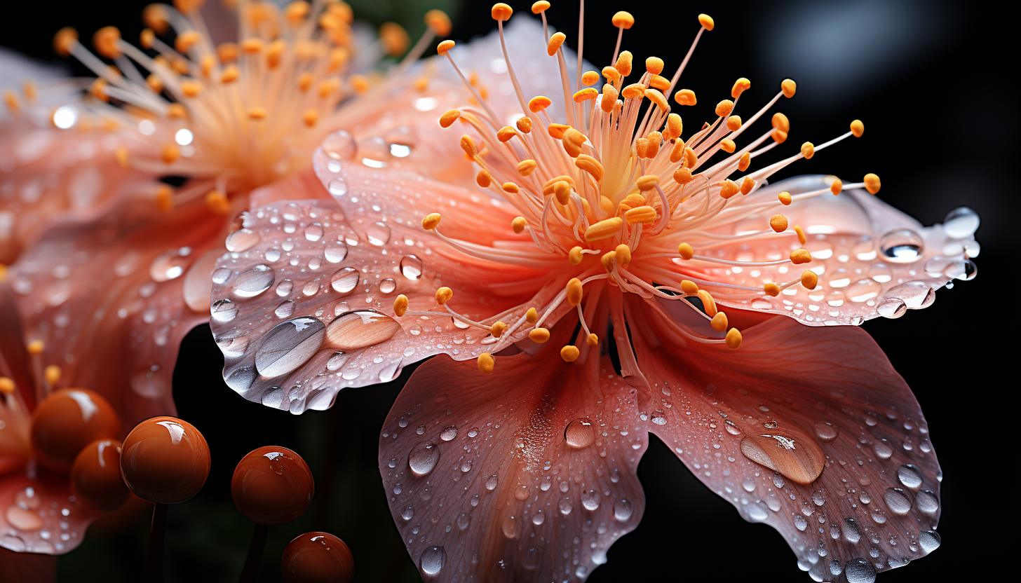 Macro view of a flower's stamen, heavy with pollen grains.