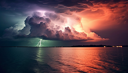 A striking thunderstorm over an open ocean.