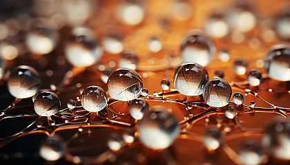 Macro view of dew drops on a spider web, glistening like diamonds.