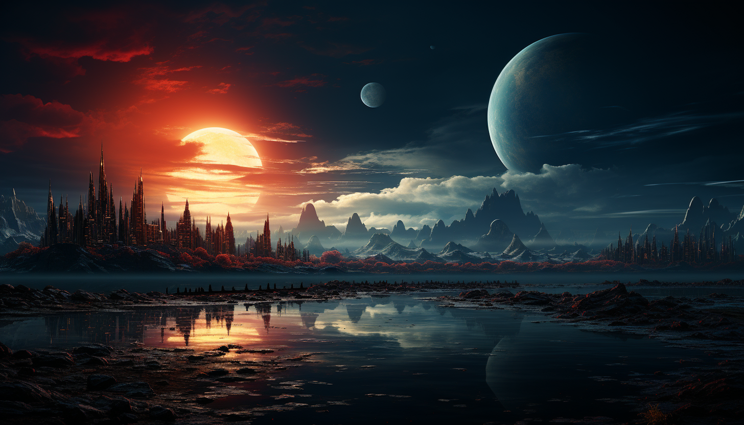 An alien planet's skyline with two suns setting at the horizon.