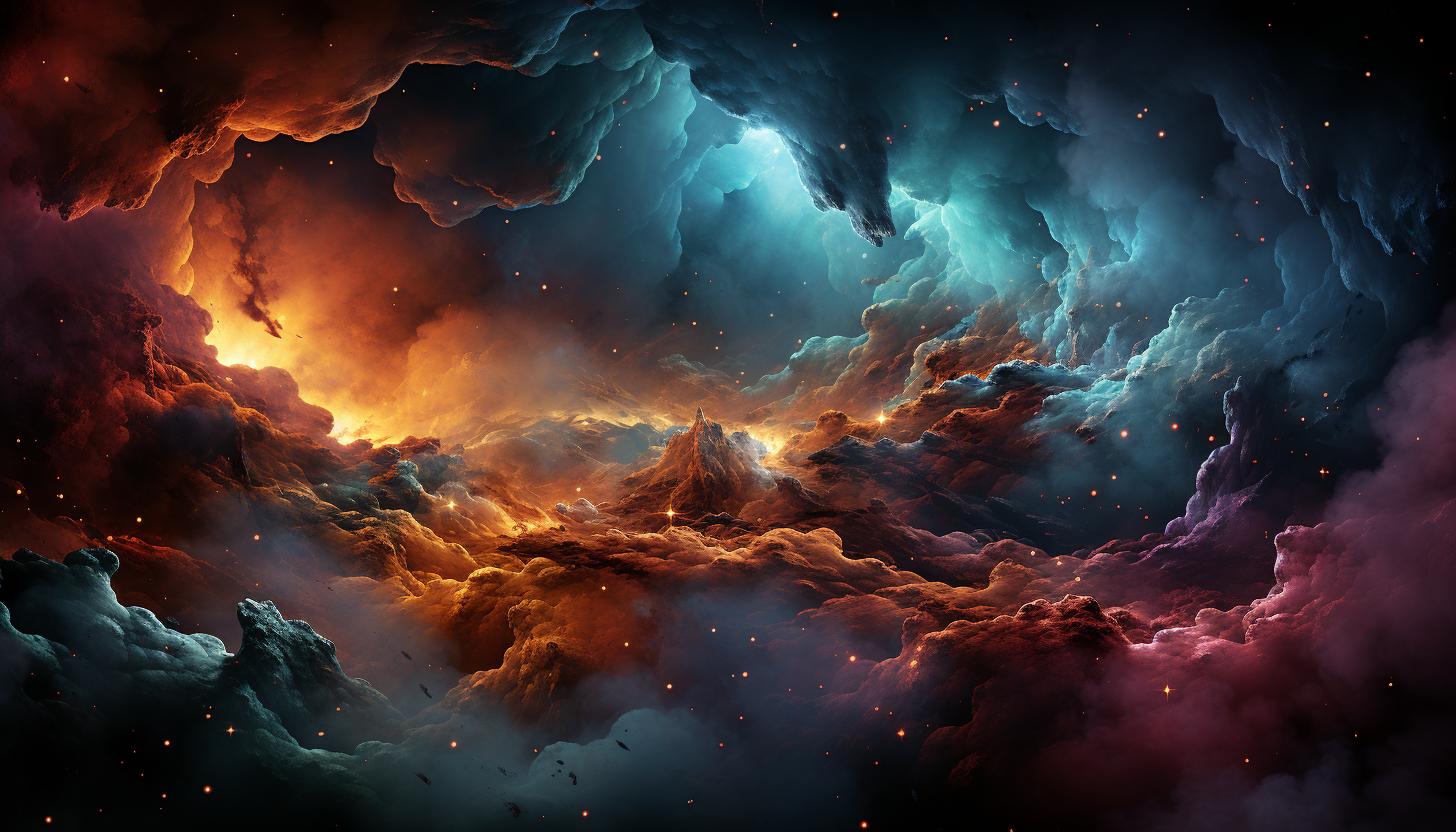 The radiant colors of a nebula set against the dark expanse of space.