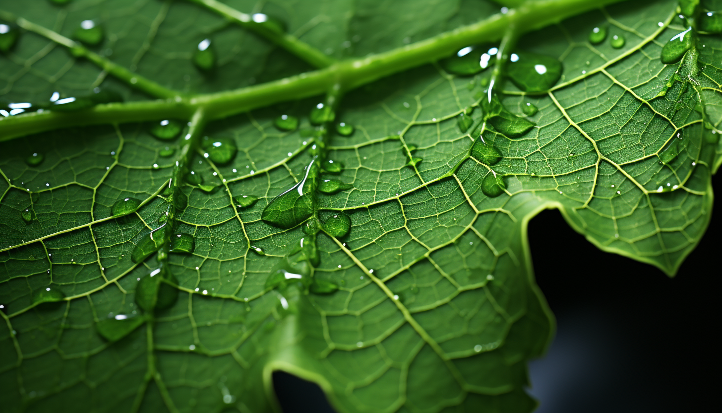 Macro image of the surface of a leaf, revealing its intricate vein structure.