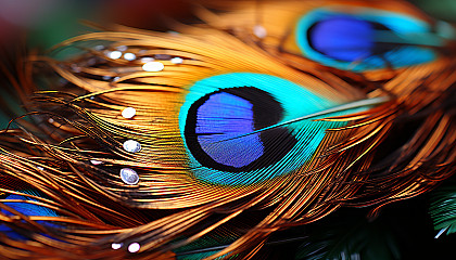 Close-up of a peacock feather, displaying its iridescent colors and intricate patterns.