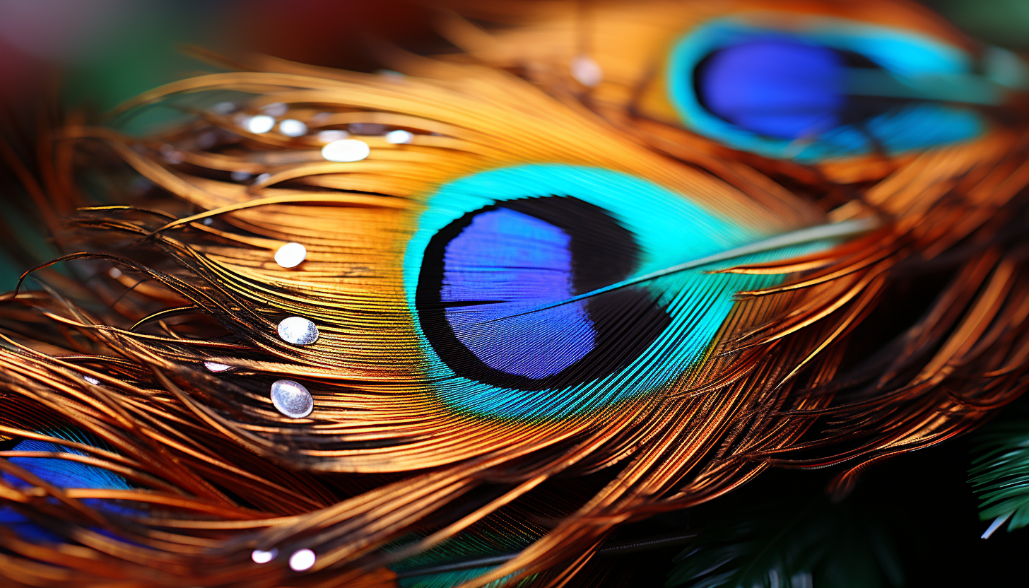 Close-up of a peacock feather, displaying its iridescent colors and intricate patterns.