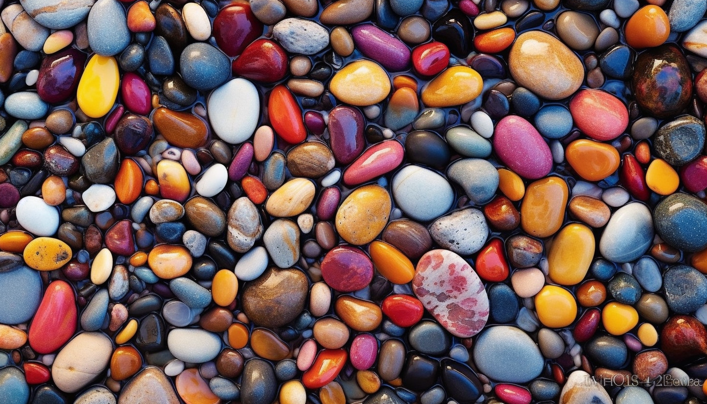 Vibrant, multi-colored pebbles on a riverbank.