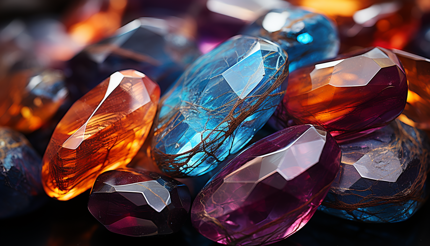 Close-up of the surface of a vibrant, multi-colored gemstone.