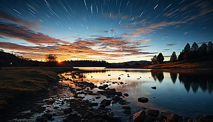 Star trails illuminating the night sky over a serene landscape.