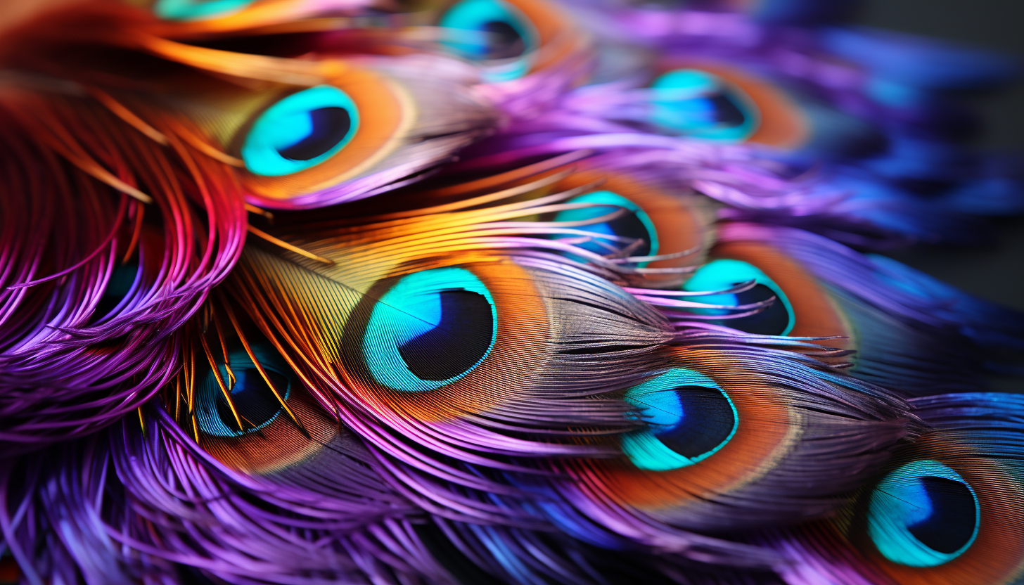The iridescent colors of a peacock feather in close detail.