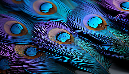 Close-up of peacock feathers, highlighting the iridescent colors and intricate patterns.