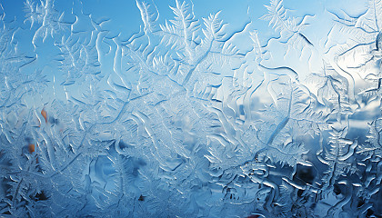 Intricate ice crystals forming a frosty pattern on a windowpane.