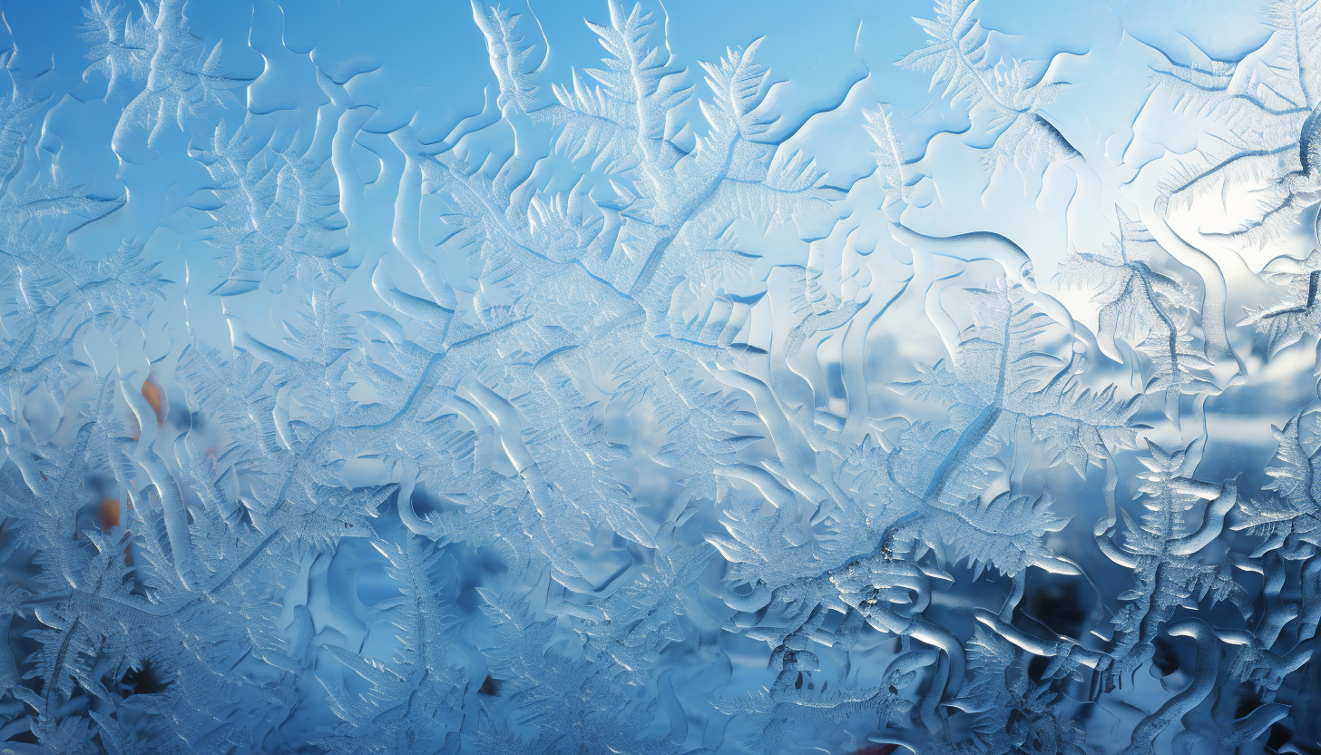 Intricate ice crystals forming a frosty pattern on a windowpane.