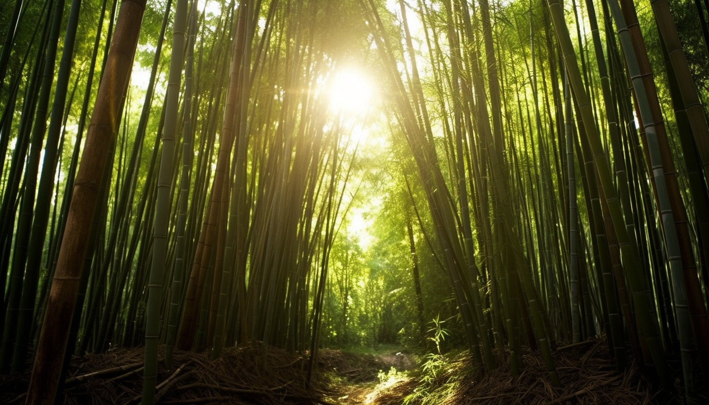 Sunlight filtering through a dense bamboo forest.