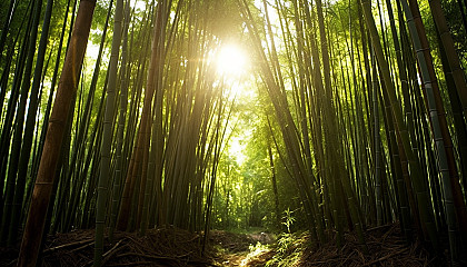 Sunlight filtering through a dense bamboo forest.