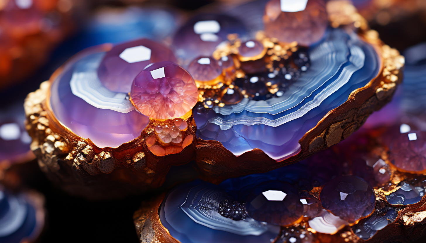 A close-up of a gemstone revealing intricate layers and vibrant hues.